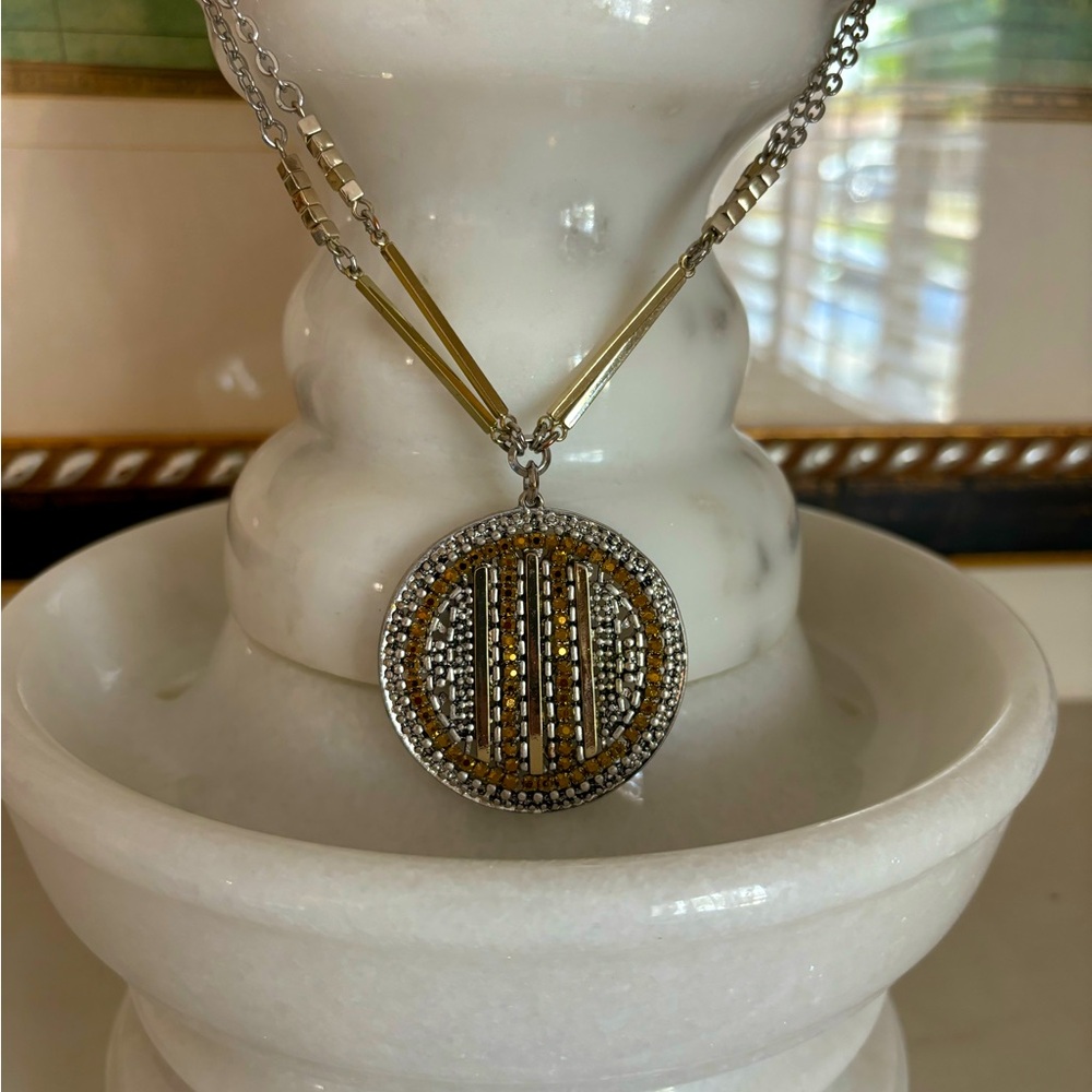 Chico’s Retired Bohemian Disk Silver Gold Tone Sparkle Necklace